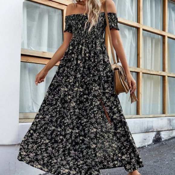 Floral High Split Off Shoulder Dress - Picture 2 of 7
